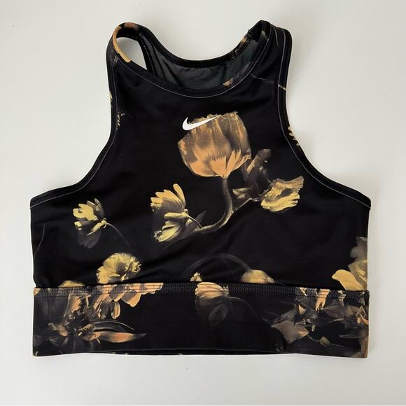 Nike Everything Bra Black Yellow Floral Print mesh keyhole back - Picture 1 of 5